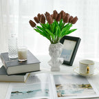 Mandy's Artificial Tulips 20 Stems Brown PU Faux Flowers for Wedding Home Decor 13.5 Inch