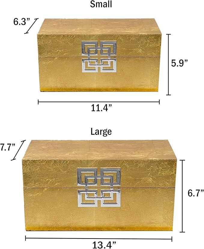 Galt International Storage Box Set Decorative Storage Box w/Hinged Lid Classic Design Wood Decor Boxes with Geometric Clasp Storage for Bedroom & Home - Set of 2 (Gold Leaf)