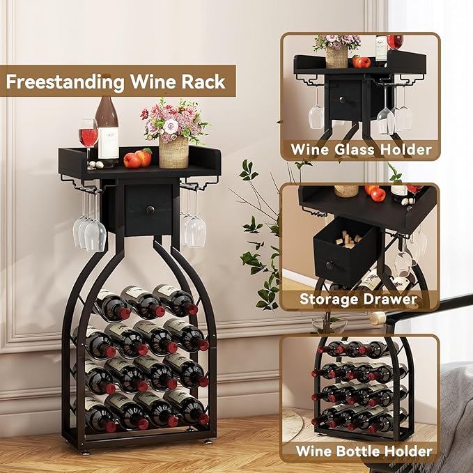 IBUYKE Wine Rack Freestanding Floor,Wine Storage 15 Bottles Bottle Rack with Glass Holders, Mini Bar Wine Cabinet with Storage Drawer for Home Bar Kitchen Dining Room,Black,UTMJ908B