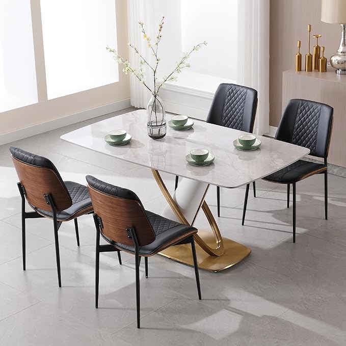 BV Dining Chairs Set of 4, PU Leather Armless Kitchen Chair in Modern Walnut Style, Mid Century Bentwood Side Chair with Metal Legs, Retro Accent Guest Chair for Kitchen Dining Room(Black)