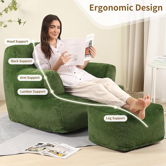 Comfy Gaint Bean Bag Chair with Ottoman, Huge Bean Bag Armchair for Adults and Teens, Green