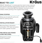 KRAUS WasteGuard 3/4 HP Ultra-Quiet Garbage Disposal with Quick Connect, Kitchen Sink Drain Cover, Power Cord and Flange Included, KWD100-75MBL