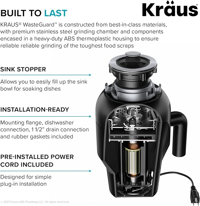 KRAUS WasteGuard 3/4 HP Ultra-Quiet Garbage Disposal with Quick Connect, Kitchen Sink Drain Cover, Power Cord and Flange Included, KWD100-75MBL