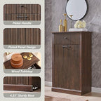 Modern Tilt-Out Trash Can Cabinet, 10 Gallon Fluted Laundry Hamper Cabinet with Drawers, Wooden Hidden Garbage Can Cabinets with Storage Basket, Free Standing for Kitchen and Living Room,Brown