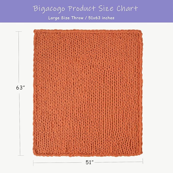 Bigacogo Chunky Knit Throw Blanket for Couch, 51x63 inches, 100% Hand Knitted with Thick Jumbo Chenille Yarn, Cozy Soft Large Rope Knot Cable Crochet Blankets for Sofa Bed Living Room, Terracotta