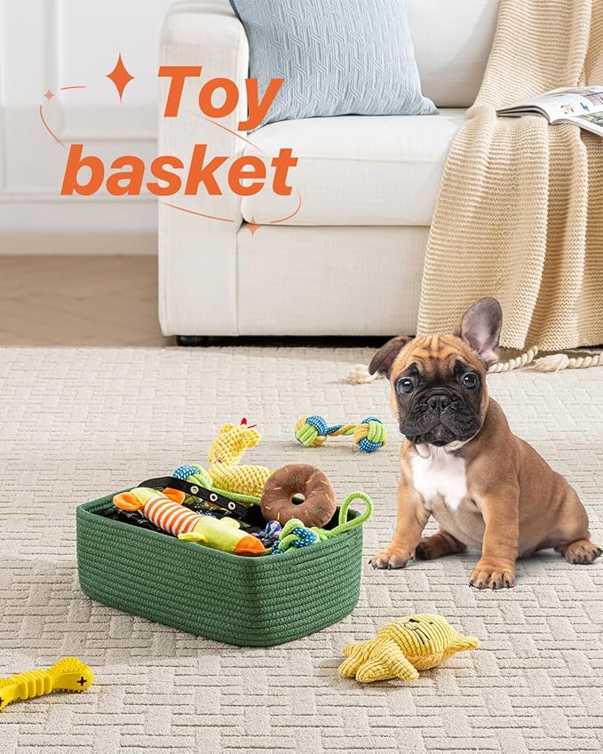 Small Woven Basket, 13.5 x 9.5 x 5 Inches, Storage Basket for Organizing, Cute Small Rope Shelf Closet Cube Storage Bins Baskets for Shelves, Dog Toy Gift Baskets Empty, 3 Pack, Green