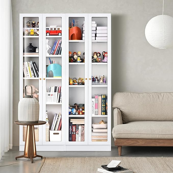 5 Tier Metal Curio Cabinets, Modern Bookshelf Cabinet with 4 Adjustable Shelves, Cabinet Display Case for Home Office, Living Room, Pantry (White-23.54W)