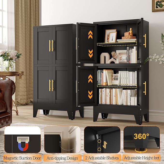 47.25" Metal Storage Cabinet, Black Kitchen Food Storage with 4 Door and 2 Adjustable Shelves, Freestanding Bathroom Cabinet, Pantry for Kitchen Dinning Room, Cupboard