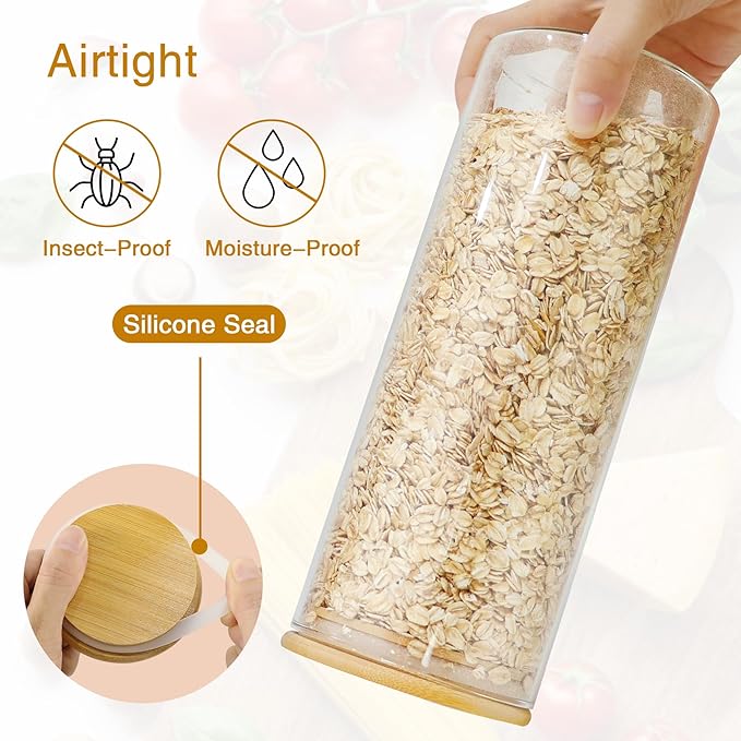 Glass Jars with Bamboo Lids, 58 oz 3 Pcs Kitchen Glass Containers with Bamboo Lids, Airtight Glass Pantry Storage Containers with Lids for Rice, Flour, Nuts, Cookie, Pasta, Oatmeal, Bean