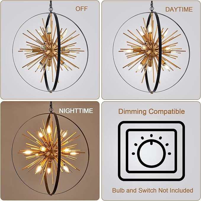 23.2'' Black Gold 12-Light Globe Sputnik Chandelier Modern Industrial Adjustable Hanging Ceiling Firework Pendant Light Fixture for Entryway Foyer Bedroom Dining Living Room Hallway