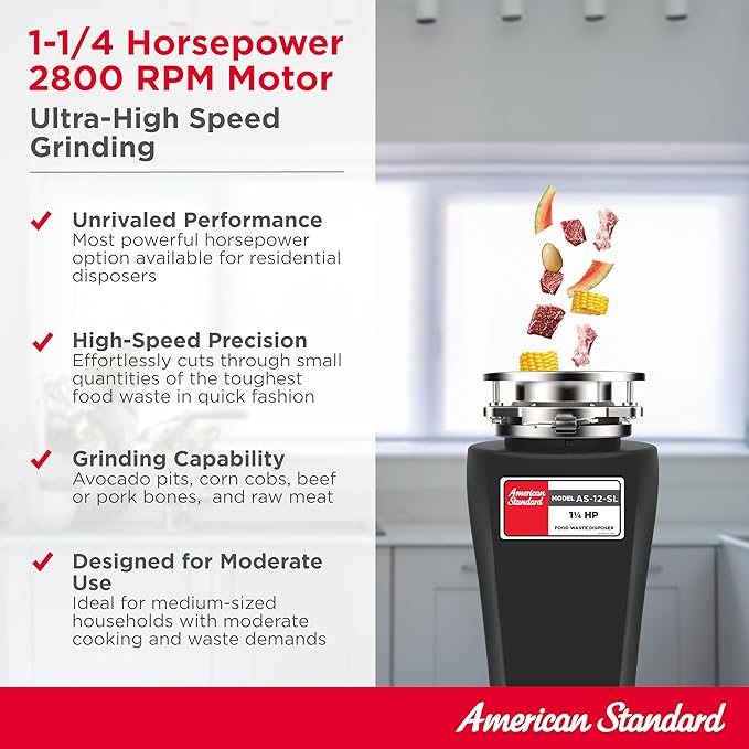 American Standard 10-US-AS-12-SL Garbage Disposal Anti-Jam Stainless Steel Food Waste Grinding System, Slim Line, 1.25 HP, Black