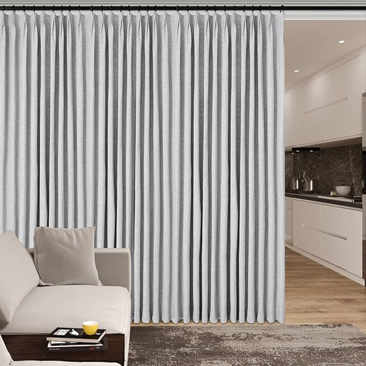 Extra Wide 100% Blackout Linen Textured Curtains - Room Dividers, W150 x L108 (1 Panel), Pinch Pleat Drapes for Living Room, Full Light Block Out Drapery for Sliding Door, Silver Grey