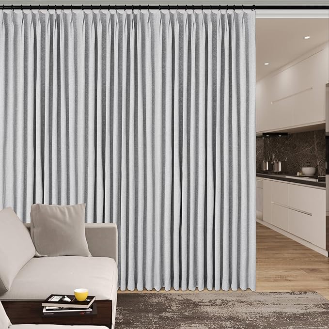 70" W x 108" L Faux Linen Room Divider Curtains, Full Blackout Pinch Pleated Drapes for Traverse Rod, Bedroom Divider Privacy Drapery with Hooks for Ceiling Track, 1 Panel, Silver Grey