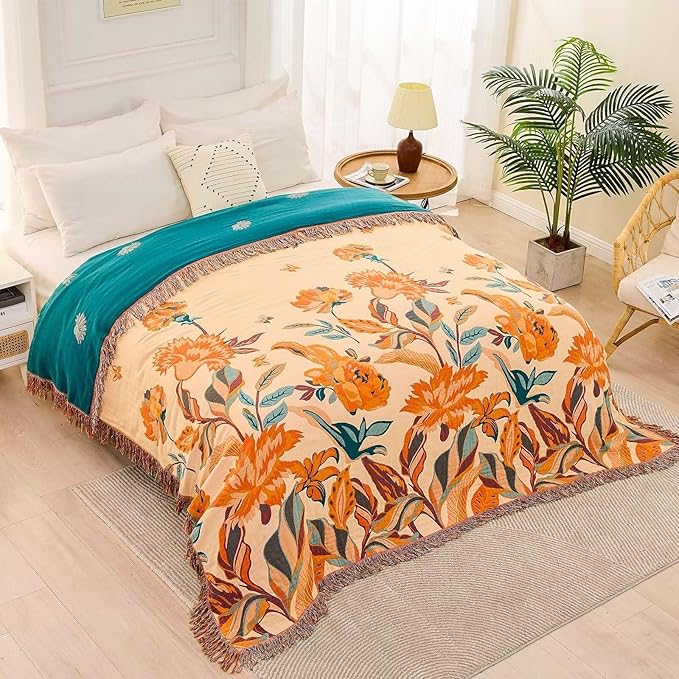 Boho Throw Blanket for Bed, 100% Cotton Soft Rustic Quilt Fall Blanket, 90"x98" Floral Printed Farmhouse Decor Bed Blankets, All Season Rustic Reversible Bohemian Throw Quilt