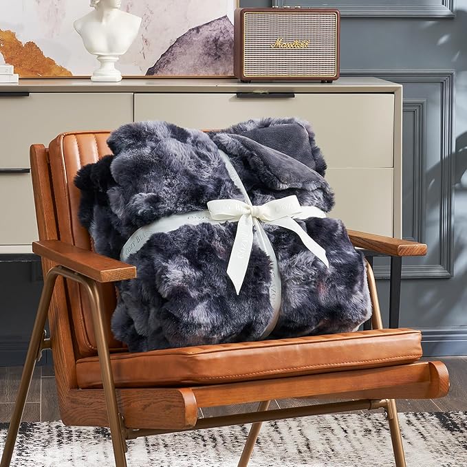 Cozy Bliss Faux Fur Throw Blanket for Couch, Fuzzy Soft Plush Thick Bubble Blanket for Sofa Bedroom Living Room, 108 * 90 Inches Tie Dye Black