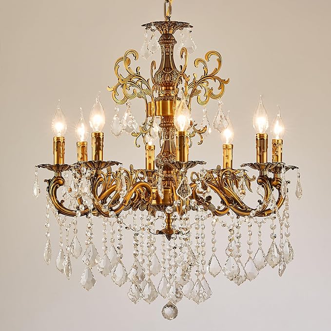 Vintage 8 Arms Crystal Chandelier Candle Light Fixture for Dining Room Living Room Bedroom Hallway Entryway Antique Gold Finish (27"-8 Lights)