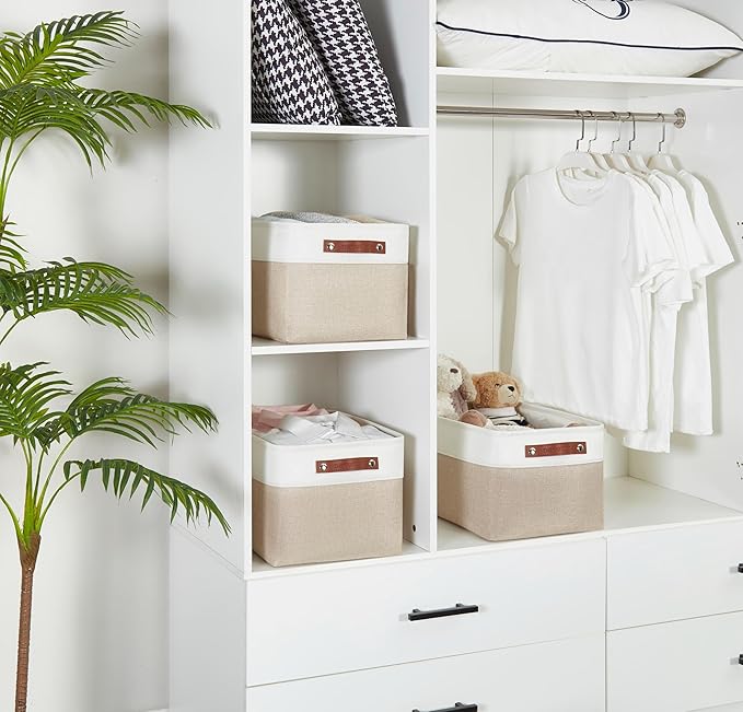 DECOMOMO Storage Bins Fabric Storage Baskets for Shelves, Linen Closet Organization Toys Nursery (Beige and White, Large - 1 Pack)