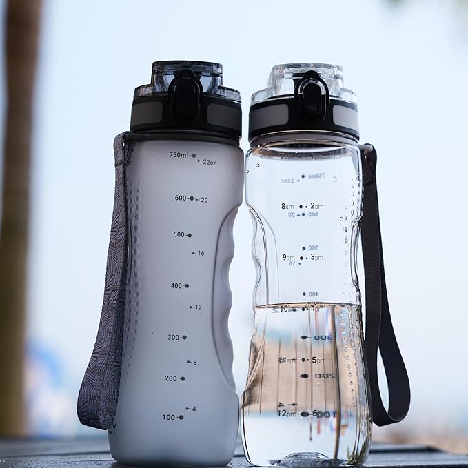 OLDLEY 25 oz Water Bottle, Motivational Water Bottle with Time Marker, Sports Water Bottle With Strap, Leakproof & BPA Free Large Water Bottles for School, Gym, Travel, Outdoor, Tritan,Gray