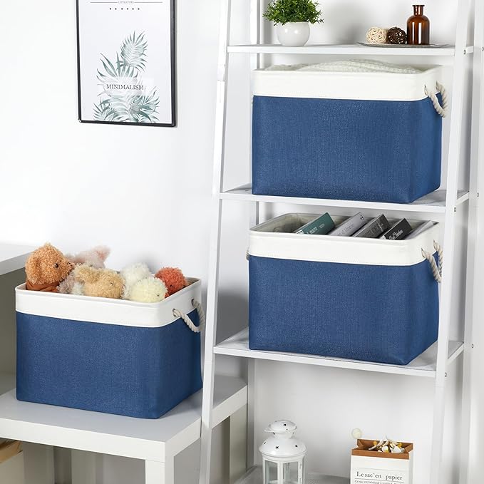 Bidtakay Large Storage Baskets for Shelves 3 Pack Fabric Storage Bins for Organizing Navy Blue Decorative Baskets Linen Collapsible Organizer for Closet