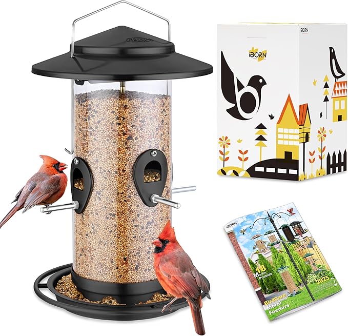 iBorn Metal Bird Feeder for Outside Hanging,Wild Bird Feeders for Cardinal,18cm Large Roof&Tray Black 10 Port(Seed is not Included)