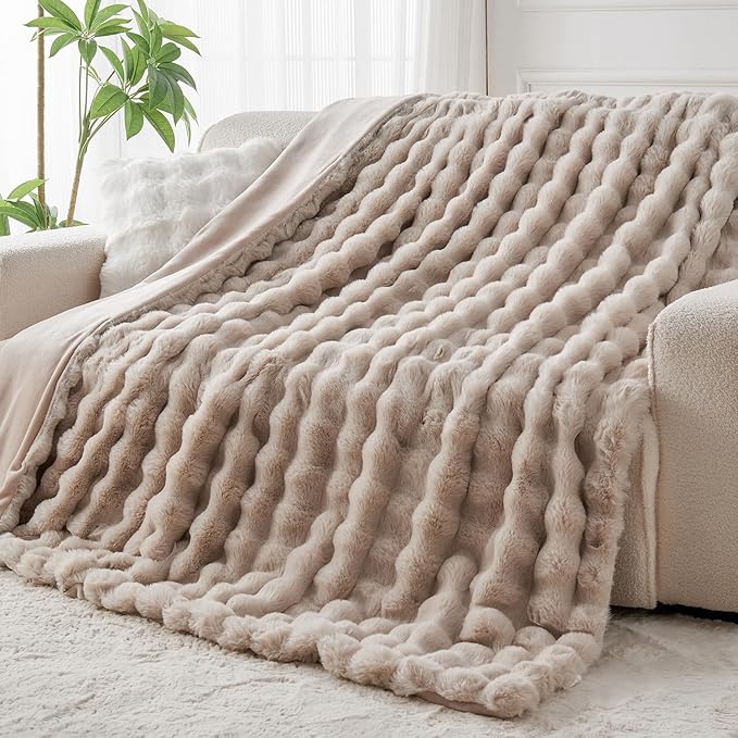 Lotus Karen Faux Fur Throw Blanket Linen - 800 GSM Bubble Rabbit Fluff Blanket for Couch Bed Sofa,Softest Fluffy Fuzzy Cozy Blanket,Thick Furry Plush Shaggy Warm Blankets for Women,50x60 Inches