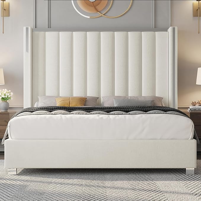 Jocisland King Size Bed Frame with 58" Tall Headboard, Platform Velvet Upholstered Bed with Channel Tufted Wingback Headboard and Plating Trim, No Box Spring Needed, Cream