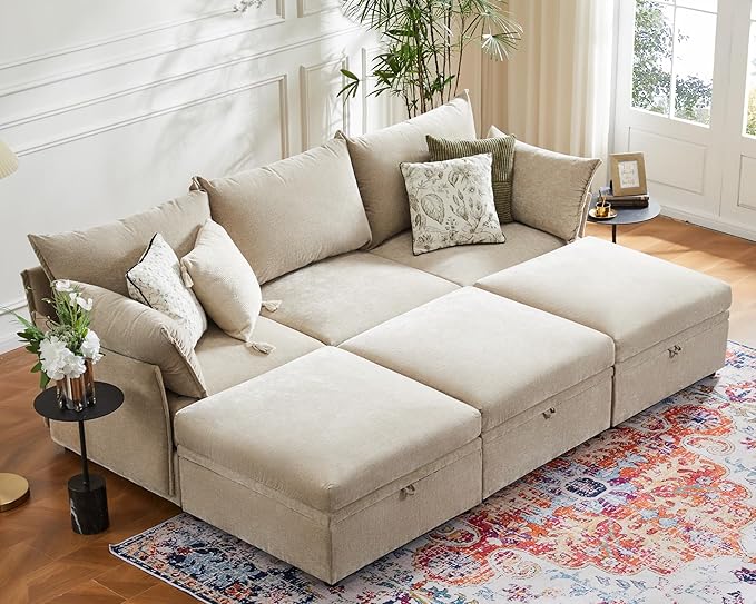 102.6" Luxury Modular Sleeper Sofa Bed 6 Seat Reversible Sectional Couch Deep Seat with Storage Chaises Removable Cover for Living Room, Apartment - Chenille Beige