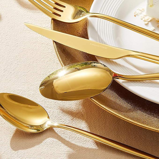 KINGSTONE Silverware Set, 60-Piece Flatware Set Cutlery Set Premium 18/10 Stainless Steel, Tableware Include Forks Knives Spoons for Home Kitchen Restaurant Wedding, Dishwasher Safe,Gold