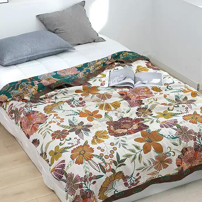 Boho Throw Blanket for Couch Sofa Bed, 100% Cotton Woven Quilt with Tassel 80”x90”, Super Soft Muslin Blanket with Floral Printed, Decorative Reversible Bed Blanket/Cover for All Seasons