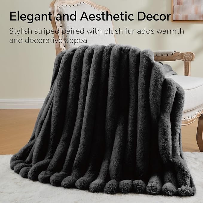BEDELITE Faux Fur Throw Blanket for Couch, Soft and Cozy Luxurious 3D Striped Fluffy Blanket, 770GSM Thick Warm Plush Fuzzy Faux Rabbit Fur Blanket for Women Gift (Black, 60"x 80")