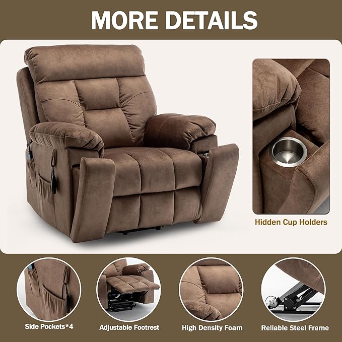 Oversized Power Lift Recliner Chair for Elderly with Massage Heat, Brown Velvet Electric Lay Flat Recliners with Cup Holders, Side Pockets, Infinite Position, Gift for Family