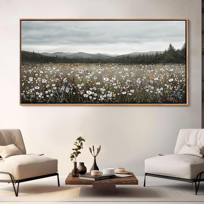 HGUAOA Vintage Landscape Wall Art for Bedroom and Living Room - Large Floral Artworks Farmhouse Wall Decor - Framed Neutral Nature Pictures - Above Bed Wall Decor with Mountain Scenery 29×58IN