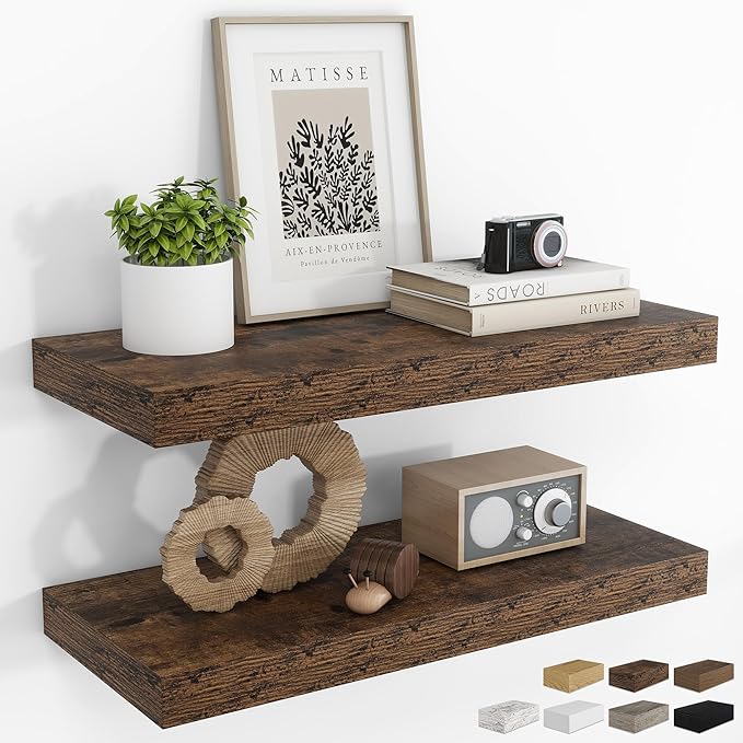 RICHFOCUS 24Inch Floating Shelves for Wall 2 Pack Shelves for Bedroom|Kitchen|Bathroom Wall Mounted Rustic Wood Floating Shelf with Invisible Brackets for Books|Storage|Decor, Rustic Brown