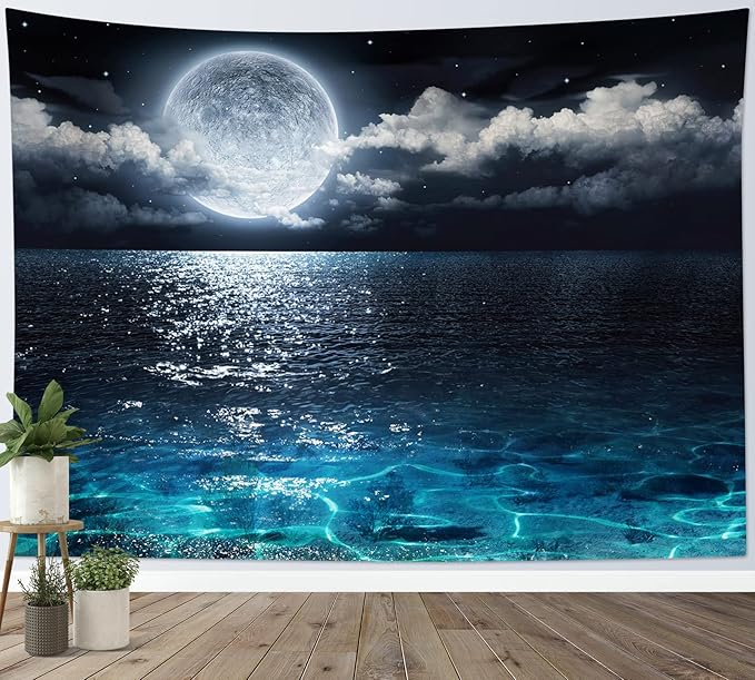 LB Moon Ocean Tapestry - Watercolor Blue Ocean and White Cloud Extra Large Wall Tapestry for Bedroom Starry Night Sky Wall Art for Bedroom Living Room Dorm Decor - 92.5Wx70.9H inches