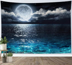 LB Blue Ocean Moon Tapestry White Cloud and Full Moon Over Ocean Tapestry Wall Hanging Fantasy Night Sky Wall Art for Bedroom Living Room Dorm Wall Decor,80 x 60 Inches