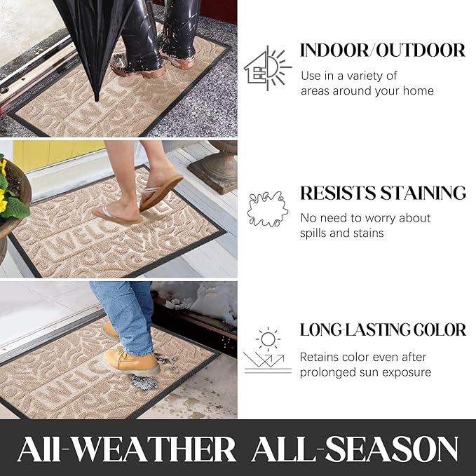 Yimobra Welcome Front Door Mat Outdoor, Heavy Duty Sturdy Non Slip Doormats, Rubber Backing, Low-Profile Entrance Rugs, Absorbent Resist Dirt, Easy Clean Patio Garage Floor Mats, 60X36 Inch, Beige
