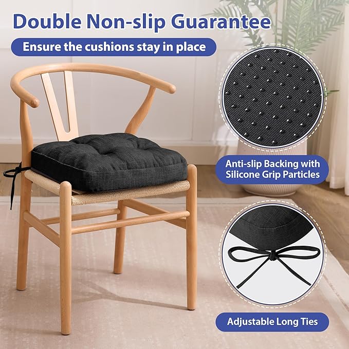 Chair Cushions for Dining Chairs, Dining Chair Cushions, Tufted Indoor Chair Pads with Ties & Non Slip Backing, Seat Cushions for Kitchen Chairs 16.5” x 16.5” x 3.5”, Set of 6, Black