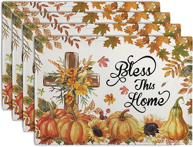 Fall Cross Pumpkin Placemats Set of 4 Autumn Thanksgiving Harvest Sunflower Maple Leaf Orange Linen Table Mats Seasonal Farmhouse Decorative Place Mat for Party Kitchen Dining Decor