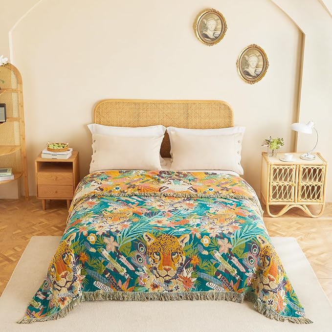 MSGKV Throw Blanket for Couch Cotton Muslin Breathable Leopard Animals Blanket 50"x60" Sofa Chair Blankets for All Seasons Lightweight Farmhouse Blankets Home Decor