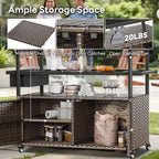 Outdoor Bar Cart with Storage Cabinet, Outdoor Grill Cart with Wheels, Rattan Bar Cart with Tempered Glass Tabletop, Outdoor Buffet Cabinet Table Cart for Mini Bar, BBQ, Food Serving, Brown Wicker