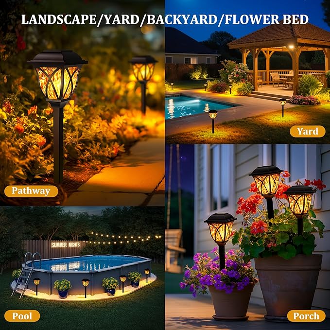 GIGALUMI Solar Lights Outdoor Waterproof, 6 Pack Flickering Flame LED Lights, Garden Decor for Yard, Patio, Landscape, Planter, Walkway
