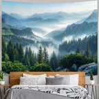 AMM Nature Forest Mountain Tapestry Green Misty Pine Tree Tapestry for Bedroom Aesthetic Foggy Woodlands Sky Landscape Tapestries Wall Hanging for Living Room Dorm 60 x 44 Inch