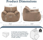 Giant Plush Bean Bag Chair for Adults with Armrests - Oversized Comfy Khaki Beanbag Lounge Lazy Floor Sofa Chair for Living Room, Bedroom & Dorm, Cozy Fluffy Single Cloud Mini Couch