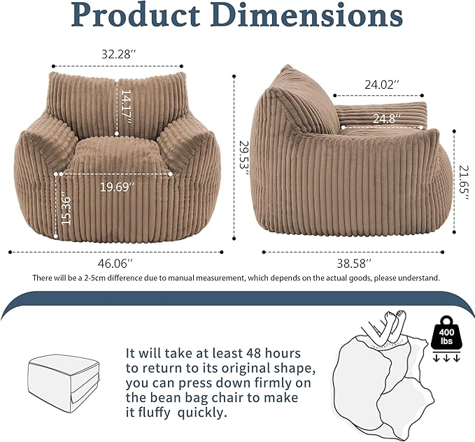 Giant Plush Bean Bag Chair for Adults with Armrests - Oversized Comfy Khaki Beanbag Lounge Lazy Floor Sofa Chair for Living Room, Bedroom & Dorm, Cozy Fluffy Single Cloud Mini Couch