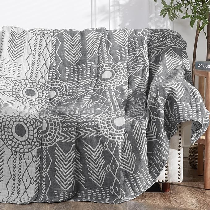jinchan Boho 100% Cotton Muslin 50x60 Throw Blanket Lightweight 3 Layer Grey Blanket Washable Reversible Breathable Decorative Geometric Striped Patterned Gray Soft Cozy for Sofa Bed All Season Gift