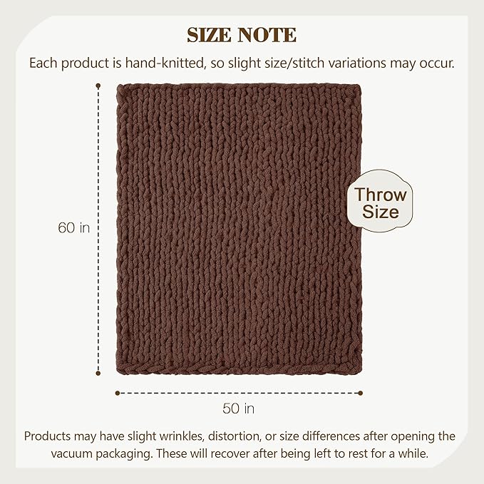 Carriediosa Chunky Knit Throw Blanket 50" X 60", 100% Hand Made Large Chenille Loop Yarn Soft Fluffy Throws for Couch Sofa Bed, Big Crochet Cozy Heavy Thick Cable Woven Blanket, Cocoa Brown