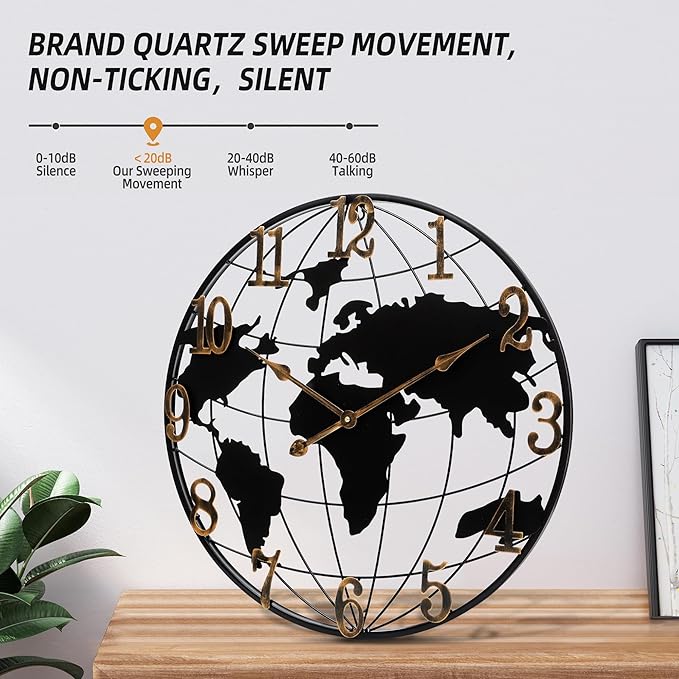 Large Wall Clock - 24 Inch World Map Minimalist Modern Round Metal Wall Clock Silent Non-Ticking Battery Operated Wall Clocks for Living Room Kitchen Office Farmhouse Home Decor