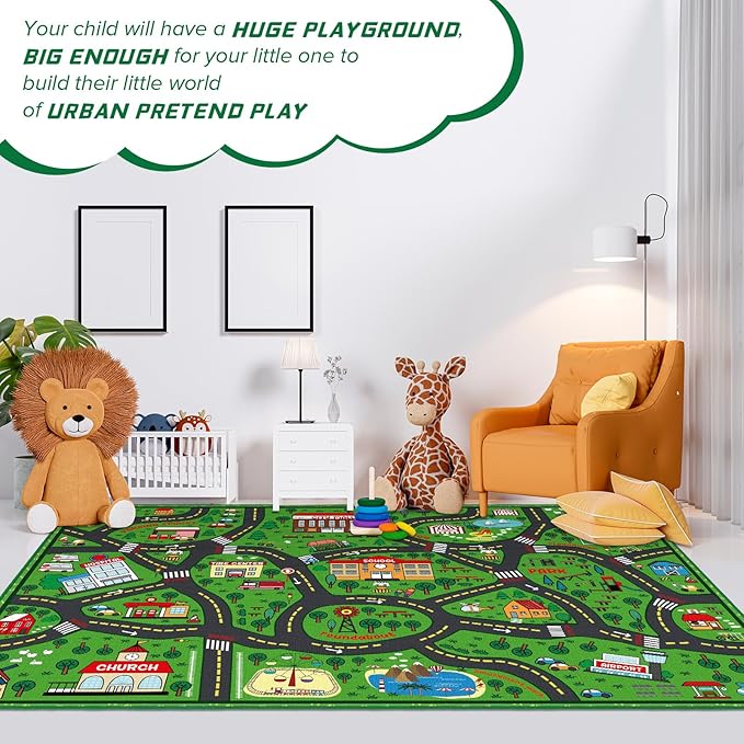 Kids Carpet Playmat Rug 5 x 7 ft Player Car Rug, City Life Traffic Road Map Mat Educational Game Area Mat for Toddler Children Playroom Classroom Bedroom(Green)