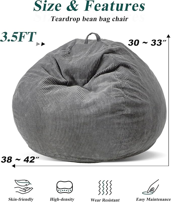 3.5FT Bean Bag Chairs Teardrop Bean Bag Chair for Adults Beanbag Chair with Memory Foam Filled Machine Washable Cover for Living Room, Bedroom (Large,Grey)