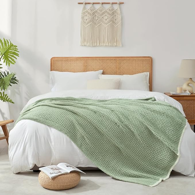 Snuggle Sac Sage Green Waffle Bedding Blankets Queen Size 90x90 inches, Reversible Microfiber Fluffy Fuzzy Soft Throw Cozy Knit Blanket for Women Mothers Birthday Gifts